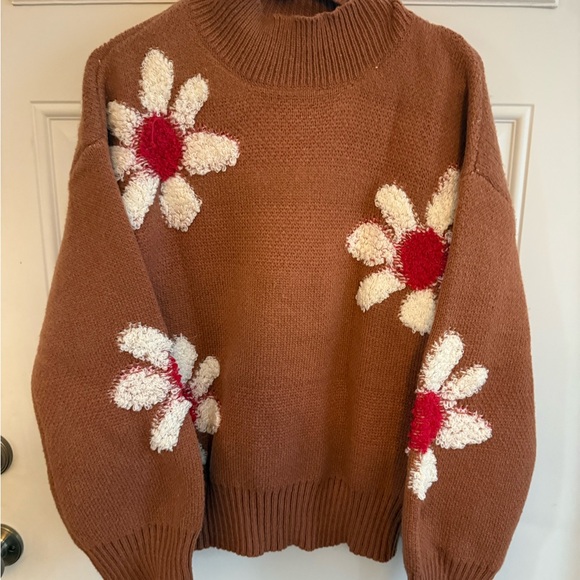 Pink Lily Sweaters - Pink Lily Brown Daisy Knit Sweater